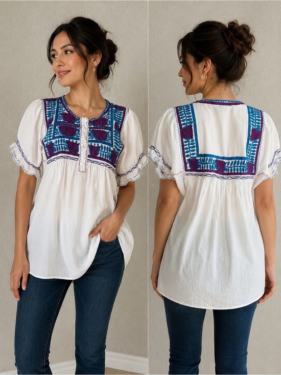 Tops - Unbranded Mexican Floral Embroidery Colorful Folk Puff Sleeve White Blouse SZ M